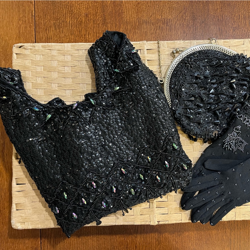 Vintage 60’s Beaded Top, 60’s Vintage Beaded Gloves and Beaded Purse